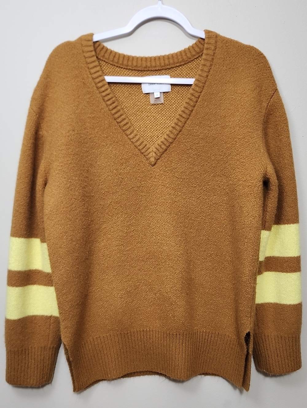 Current/Elliott The 79 Knit V-Neck Varsity Stripe Sweater Brown Sugar Preppy OS